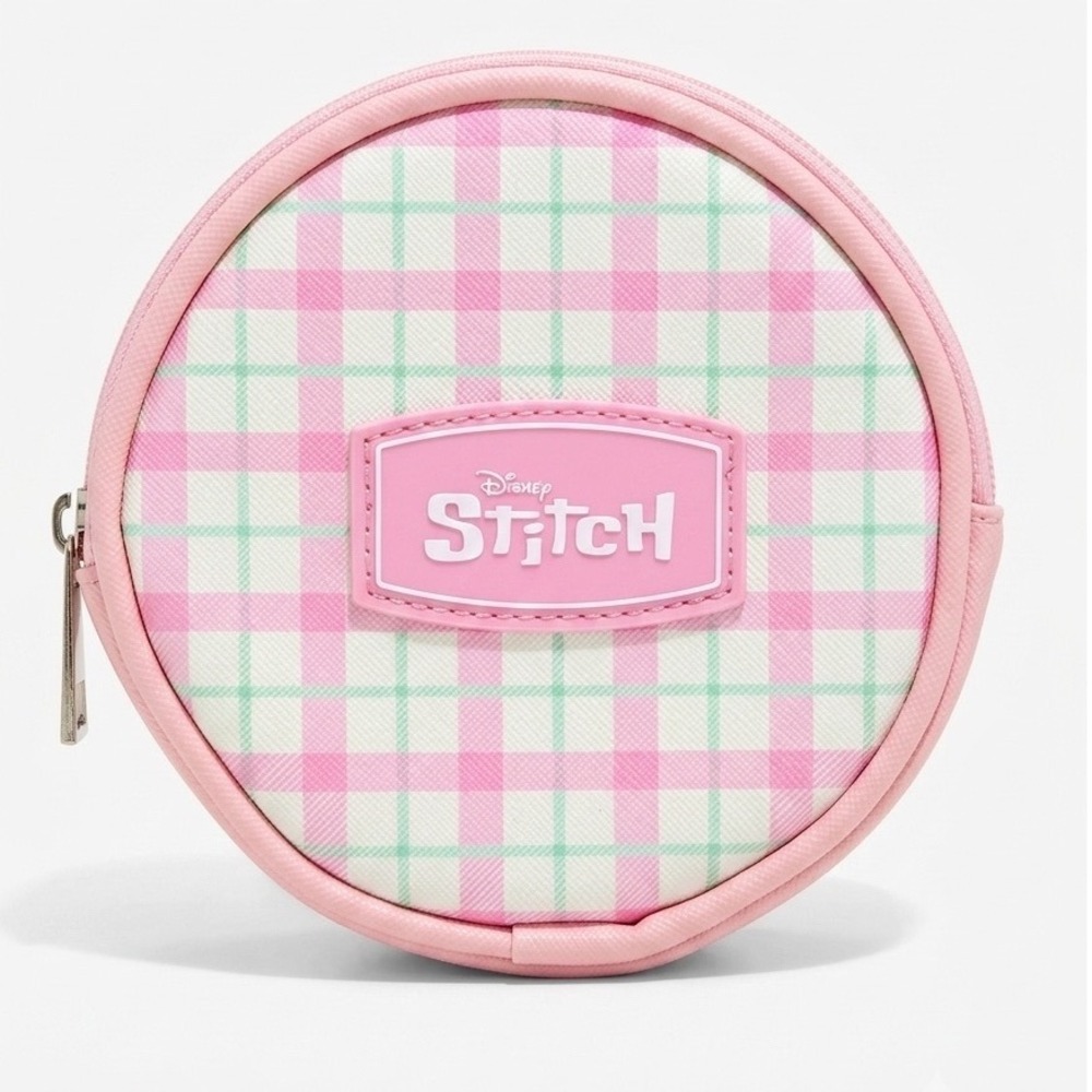 Disney Stitch Bioworld Pink Plaid Round Coin‎ Purse Bag Charm Keychain Pouch